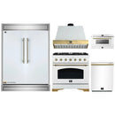 Forno 5-Piece Appliance Package - 36-Inch Gas Range, Wall Mount Range Hood, 60-Inch Refrigerator, Dishwasher, & 24-Inch Microwave Drawer in White with Antique Brass Handle