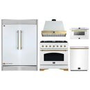 Forno 5-Piece Appliance Package - 36-Inch Antico Gas Range, Wall Mount Range Hood, 60-Inch Refrigerator, Dishwasher, & 24-Inch Microwave Drawer in White with Antique Brass Handle