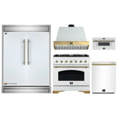 Forno 5-Piece Appliance Package - 36-Inch Gas Range, Wall Mount Range Hood, 60-Inch Refrigerator, Dishwasher, & 30-Inch Microwave Drawer in White with Antique Brass Handle