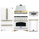 Forno Antico 5-Piece Appliance Package - 36-Inch Gas Range, 36-Inch Hood, 36-Inch Refrigerator, 24-Inch Dishwasher, & 30-Inch Microwave Drawer in White with Antique Brass Trim