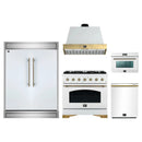 Forno 5-Piece Appliance Package - 36-Inch Antico Gas Range, Wall Mount Range Hood, 60-Inch Refrigerator, Dishwasher, & 24-Inch Microwave Oven in White with Antique Brass Handle