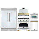 Forno 5-Piece Appliance Package - 36-Inch Antico Gas Range, Wall Mount Range Hood, 60-Inch Refrigerator, Dishwasher, & 24-Inch Microwave Oven in White with Antique Brass Handle