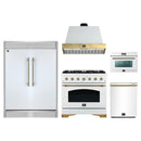 Forno 5-Piece Appliance Package - 36-Inch Antico Gas Range, Wall Mount Range Hood, 60-Inch Refrigerator, Dishwasher, & 24-Inch Microwave Oven in White with Antique Brass Handle