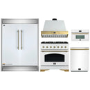 Forno 5-Piece Appliance Package - 36-Inch Antico Gas Range, Wall Mount Range Hood, 60-Inch Refrigerator, Dishwasher, & 30-Inch Microwave Oven in White with Antique Brass Handle