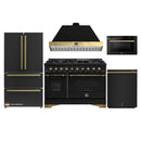 Forno Antico 5-Piece Appliance Package - 48-Inch Gas Range, 48-Inch Hood, 36-Inch Refrigerator, 24-Inch Dishwasher, & 24-Inch Microwave Drawer in Black with Antique Brass Trim