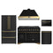 Forno Antico 5-Piece Appliance Package - 48-Inch Gas Range, 48-Inch Hood, 36-Inch Refrigerator, 24-Inch Dishwasher, & 24-Inch Microwave Drawer in Black with Antique Brass Trim