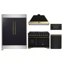Forno 5-Piece Appliance Package - 48-Inch Gas Range, 60-Inch Convertible Refrigerator with Modern Trim, Dishwasher, and 30-Inch Microwave Drawer in Black with Antique Brass Handle