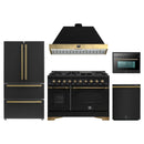 Forno Antico 5-Piece Appliance Package - 48-Inch Gas Range, 48-Inch Hood, 36-Inch Refrigerator, 24-Inch Dishwasher, & 24-Inch Microwave Oven in Black with Antique Brass Trim