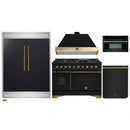 Forno 5-Piece Appliance Package - 48-Inch Gas Range, 60-Inch Convertible Refrigerator with Modern Trim, Dishwasher, and 30-Inch Microwave Oven in Black with Antique Brass Handle