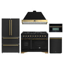 Forno Antico 5-Piece Appliance Package - 48-Inch Gas Range, 48-Inch Hood, 36-Inch Refrigerator, 24-Inch Dishwasher, & 30-Inch Microwave Oven in Black with Antique Brass Trim