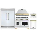 Forno 5-Piece Appliance Package - 48-Inch Antico Gas Range, Wall Mount Range Hood, 60-Inch Refrigerator, Dishwasher, & 24-Inch Microwave Drawer in White with Antique Brass Handle