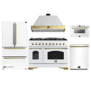 Forno Antico 5-Piece Appliance Package - 48-Inch Gas Range, 48-Inch Hood, 36-Inch Refrigerator, 24-Inch Dishwasher, & 24-Inch Microwave Drawer in White with Antique Brass Trim