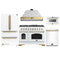 Forno Antico 5-Piece Appliance Package - 48-Inch Gas Range, 48-Inch Hood, 36-Inch Refrigerator, 24-Inch Dishwasher, & 24-Inch Microwave Drawer in White with Antique Brass Trim