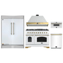 Forno 5-Piece Appliance Package - 48-Inch Antico Gas Range, Wall Mount Range Hood, 60-Inch Refrigerator, Dishwasher, & 30-Inch Microwave Drawer in White with Antique Brass Handle
