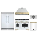 Forno 5-Piece Appliance Package - 48-Inch Antico Gas Range, Wall Mount Range Hood, 60-Inch Refrigerator, Dishwasher, & 30-Inch Microwave Drawer in White with Antique Brass Handle
