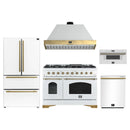 Forno Antico 5-Piece Appliance Package - 48-Inch Gas Range, 48-Inch Hood, 36-Inch Refrigerator, 24-Inch Dishwasher, & 30-Inch Microwave Drawer in White with Antique Brass Trim