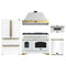 Forno Antico 5-Piece Appliance Package - 48-Inch Gas Range, 48-Inch Hood, 36-Inch Refrigerator, 24-Inch Dishwasher, & 30-Inch Microwave Drawer in White with Antique Brass Trim
