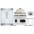 Forno 5-Piece Appliance Package - 48-Inch Antico Gas Range, Wall Mount Range Hood, 60-Inch Refrigerator, Dishwasher, & 24-Inch Microwave Oven in White with Antique Brass Handle