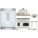 Forno 5-Piece Appliance Package - 48-Inch Antico Gas Range, Wall Mount Range Hood, 60-Inch Refrigerator, Dishwasher, & 30-Inch Microwave Oven in White with Antique Brass Handle