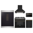 Forno 5-Piece Appliance Package - 36-Inch Gas Range, Wall Mount Range Hood, 60-Inch Refrigerator, Dishwasher, and 24-Inch Microwave Drawer in Black with Antique Brass Handle