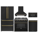 Forno 5-Piece Appliance Package - 36-Inch Gas Range, Wall Mount Range Hood, 36-Inch Refrigerator, Dishwasher, and 30-Inch Microwave Drawer in Black with Antique Brass Handle