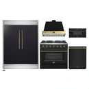Forno 5-Piece Appliance Package - 36-Inch Gas Range, Wall Mount Range Hood, 60-Inch Convertible Refrigerator with Modern Trim, Dishwasher, and 30-Inch Microwave Drawer in Black with Antique Brass Handle
