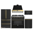 Forno Galiano 5-Piece Appliance Package - 36-Inch Gas Range, 36-Inch Hood, 36-Inch Refrigerator, 24-Inch Dishwasher, & 30-Inch Microwave Drawer in Black with Antique Brass Trim