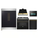 Forno 5-Piece Appliance Package - 36-Inch Gas Range, Wall Mount Range Hood, 60-Inch Convertible Refrigerator with Modern Trim, Dishwasher, and 24-Inch Microwave Oven in Black with Antique Brass Handle