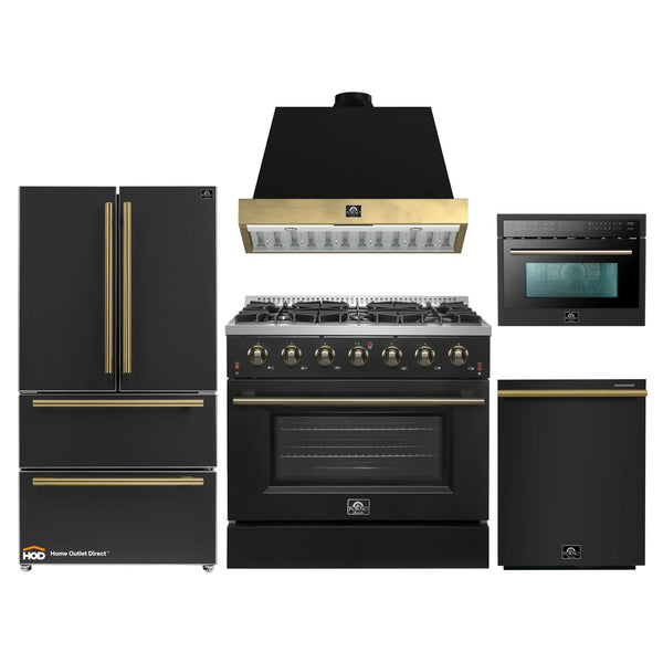 Forno Galiano 5-Piece Appliance Package - 36-Inch Gas Range, 36-Inch Hood, 36-Inch Refrigerator, 24-Inch Dishwasher, & 24-Inch Microwave Oven in Black with Antique Brass Trim