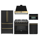 Forno Galiano 5-Piece Appliance Package - 36-Inch Gas Range, 36-Inch Hood, 36-Inch Refrigerator, 24-Inch Dishwasher, & 30-Inch Microwave Oven in Black with Antique Brass Trim