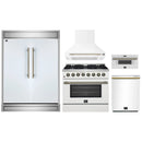 Forno 5-Piece Appliance Package - 36-Inch Gas Range, Wall Mount Range Hood, 60-Inch Refrigerator, Dishwasher, and 30-Inch Microwave Drawer in White with Antique Brass Handle