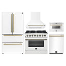 Forno 5-Piece Appliance Package - 36-Inch Gas Range, Wall Mount Range Hood, 36-Inch Refrigerator, Dishwasher, and 24-Inch Microwave Drawer in White with Antique Brass Handle