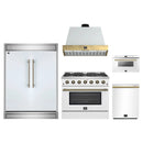 Forno 5-Piece Appliance Package - 36-Inch Gas Range, Wall Mount Range Hood, 60-Inch Refrigerator, Dishwasher, & 24-Inch Microwave Drawer in White with Antique Brass Handle