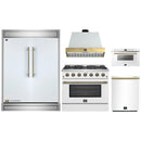 Forno 5-Piece Appliance Package - 36-Inch Gas Range, Wall Mount Range Hood, 60-Inch Refrigerator, Dishwasher, & 24-Inch Microwave Drawer in White with Antique Brass Handle