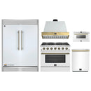 Forno 5-Piece Appliance Package - 36-Inch Galiano Gas Range, Wall Mount Range Hood, 60-Inch Refrigerator, Dishwasher, & 24-Inch Microwave Drawer in White with Antique Brass Handle