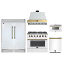 Forno 5-Piece Appliance Package - 36-Inch Galiano Gas Range, Wall Mount Range Hood, 60-Inch Refrigerator, Dishwasher, & 24-Inch Microwave Drawer in White with Antique Brass Handle