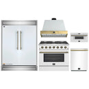 Forno 5-Piece Appliance Package - 36-Inch Gas Range, Wall Mount Range Hood, 60-Inch Refrigerator, Dishwasher, & 30-Inch Microwave Drawer in White with Antique Brass Handle