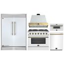 Forno 5-Piece Appliance Package - 36-Inch Galiano Gas Range, Wall Mount Range Hood, 60-Inch Refrigerator, Dishwasher, & 30-Inch Microwave Drawer in White with Antique Brass Handle