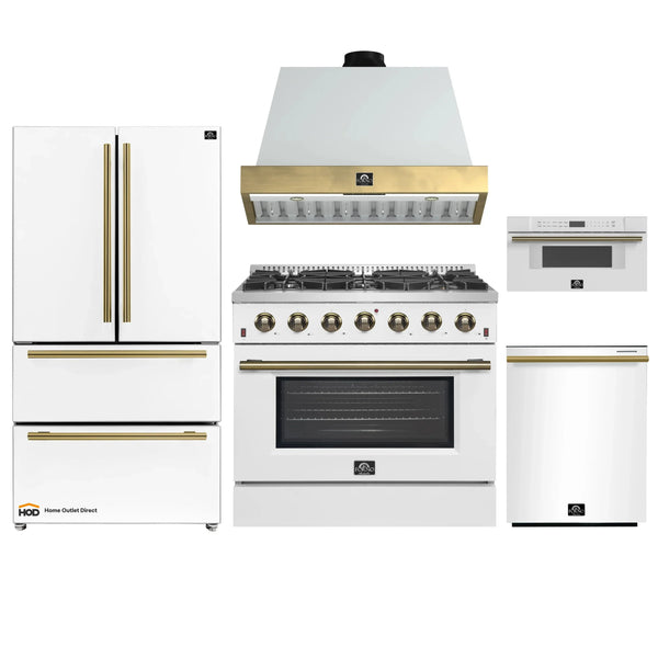 Forno Galiano 5-Piece Appliance Package - 36-Inch Gas Range, 36-Inch Hood, 36-Inch Refrigerator, 24-Inch Dishwasher, & 30-Inch Microwave Drawer in White with Antique Brass Trim