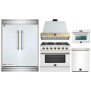 Forno 5-Piece Appliance Package - 36-Inch Gas Range, Wall Mount Range Hood, 60-Inch Refrigerator, Dishwasher, & 24-Inch Microwave Oven in White with Antique Brass Handle