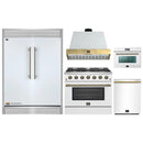 Forno 5-Piece Appliance Package - 36-Inch Galiano Gas Range, Wall Mount Range Hood, 60-Inch Refrigerator, Dishwasher, & 24-Inch Microwave Oven in White with Antique Brass Handle