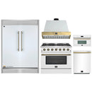 Forno 5-Piece Appliance Package - 36-Inch Galiano Gas Range, Wall Mount Range Hood, 60-Inch Refrigerator, Dishwasher, & 30-Inch Microwave Oven in White with Antique Brass Handle