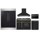 Forno 5-Piece Appliance Package - 48-Inch Gas Range, Wall Mount Range Hood, 60-Inch Refrigerator, Dishwasher, and 24-Inch Microwave Drawer in Black with Antique Brass Handle