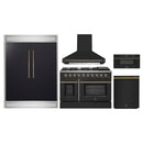 Forno 5-Piece Appliance Package - 48-Inch Gas Range, Wall Mount Range Hood, 60-Inch Refrigerator, Dishwasher, and 30-Inch Microwave Drawer in Black with Antique Brass Handle