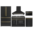 Forno 5-Piece Appliance Package - 48-Inch Gas Range, Wall Mount Range Hood, 36-Inch Refrigerator, Dishwasher, and 24-Inch Microwave Drawer in Black with Antique Brass Handle