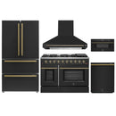 Forno 5-Piece Appliance Package - 48-Inch Gas Range, Wall Mount Range Hood, 36-Inch Refrigerator, Dishwasher, and 30-Inch Microwave Drawer in Black with Antique Brass Handle