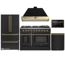 Forno Galiano 5-Piece Appliance Package - 48-Inch Gas Range, 48-Inch Hood, 36-Inch Refrigerator, 24-Inch Dishwasher, & 24-Inch Microwave Drawer in Black with Antique Brass Trim