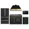 Forno Galiano 5-Piece Appliance Package - 48-Inch Gas Range, 48-Inch Hood, 36-Inch Refrigerator, 24-Inch Dishwasher, & 24-Inch Microwave Drawer in Black with Antique Brass Trim