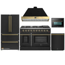 Forno Galiano 5-Piece Appliance Package - 48-Inch Gas Range, 48-Inch Hood, 36-Inch Refrigerator, 24-Inch Dishwasher, & 24-Inch Microwave Oven in Black with Antique Brass Trim
