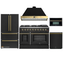Forno Galiano 5-Piece Appliance Package - 48-Inch Gas Range, 48-Inch Hood, 36-Inch Refrigerator, 24-Inch Dishwasher, & 30-Inch Microwave Oven in Black with Antique Brass Trim